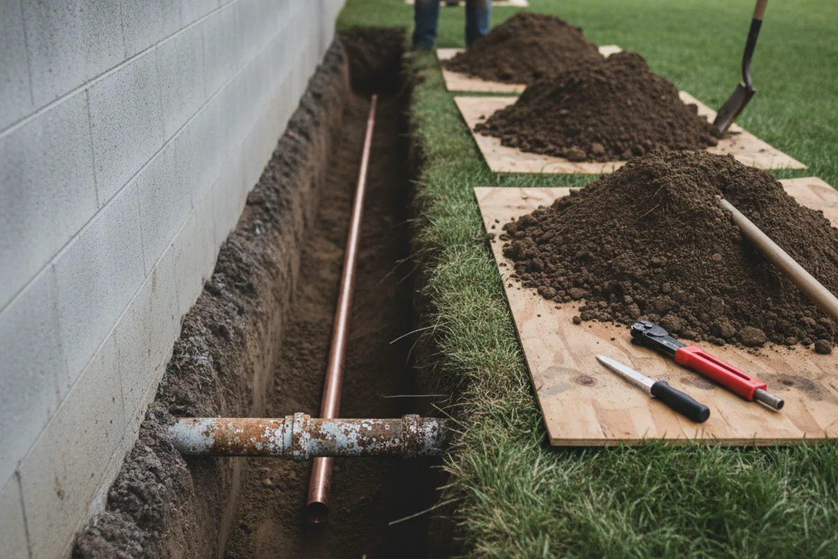 Excavated water line trench during Water Heater Repair in Saint Joseph